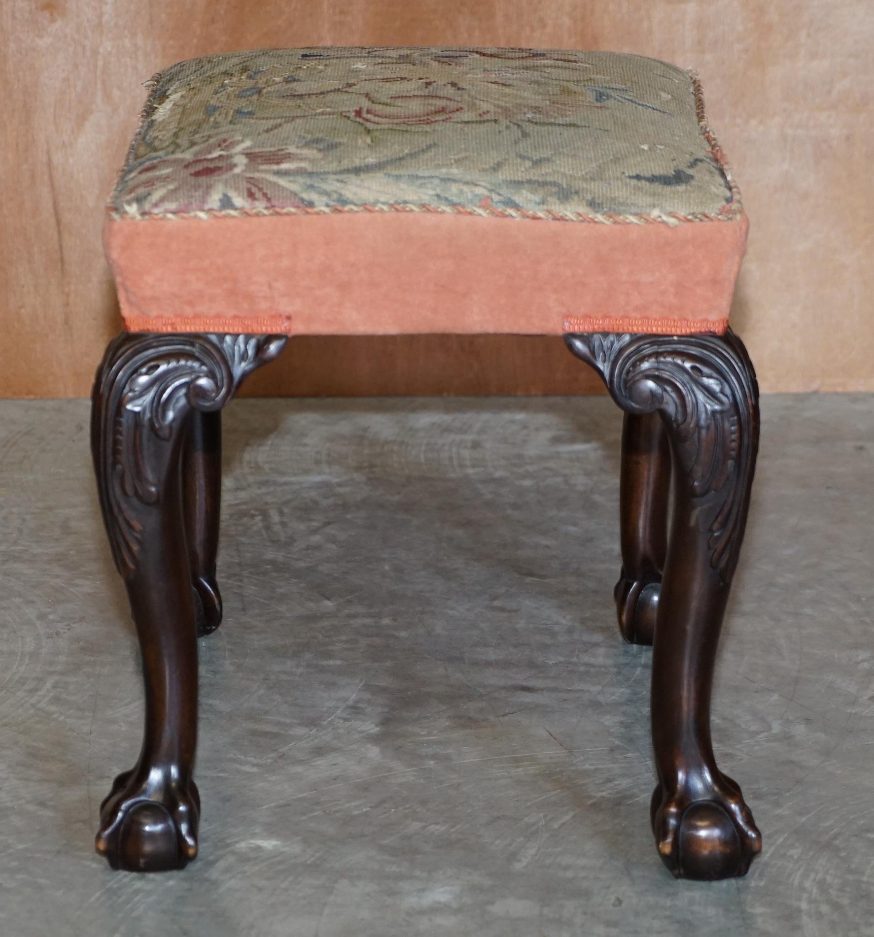 Embroidered Antique Victorian 1880 Hand Carved Claw & Ball Feet Piano Stool or Bench Seat For Sale