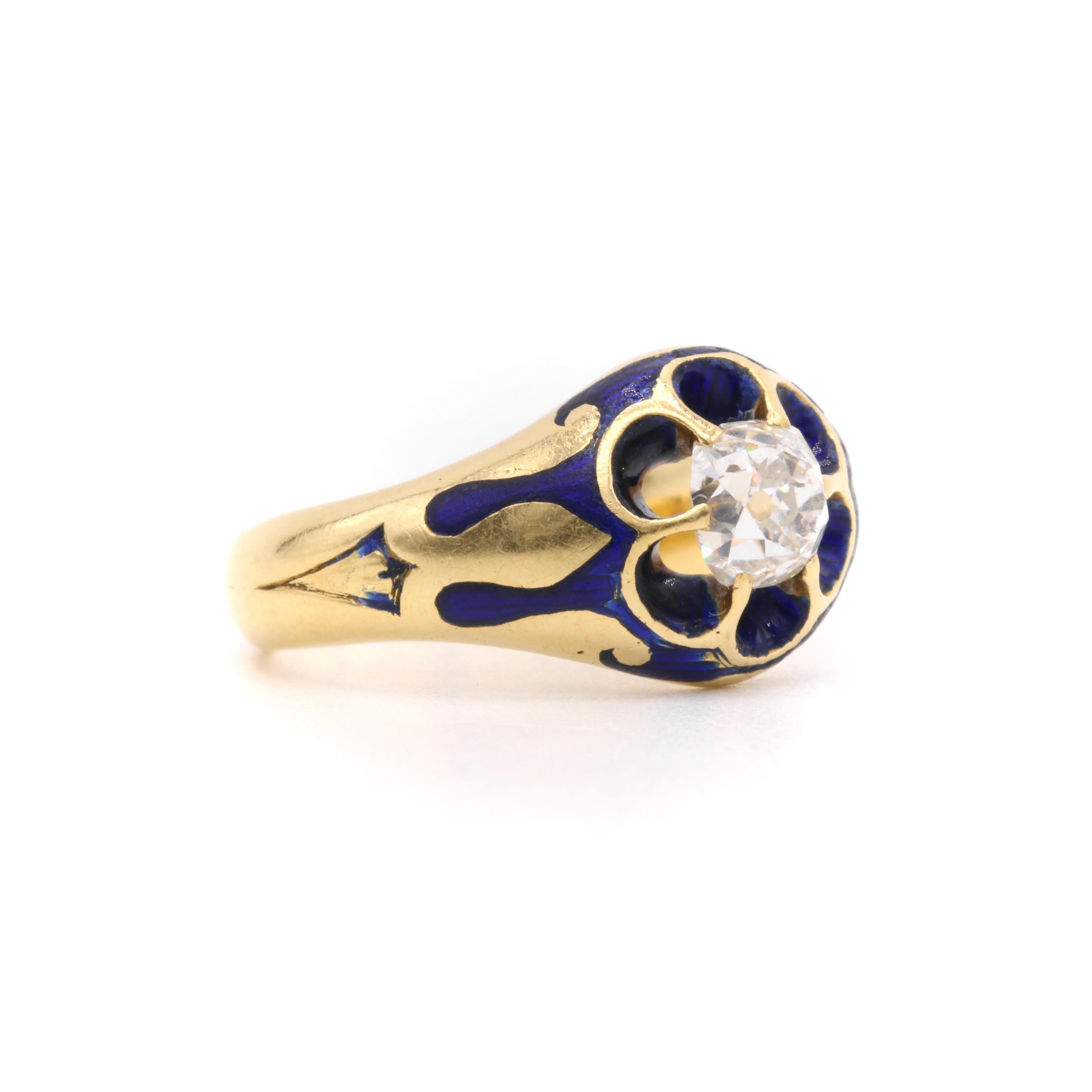 Antique Victorian 1880s 18K Gold Blue Enamel & 0.65ct Old Mine Cut Diamond Ring In Good Condition For Sale In Staines-Upon-Thames, GB