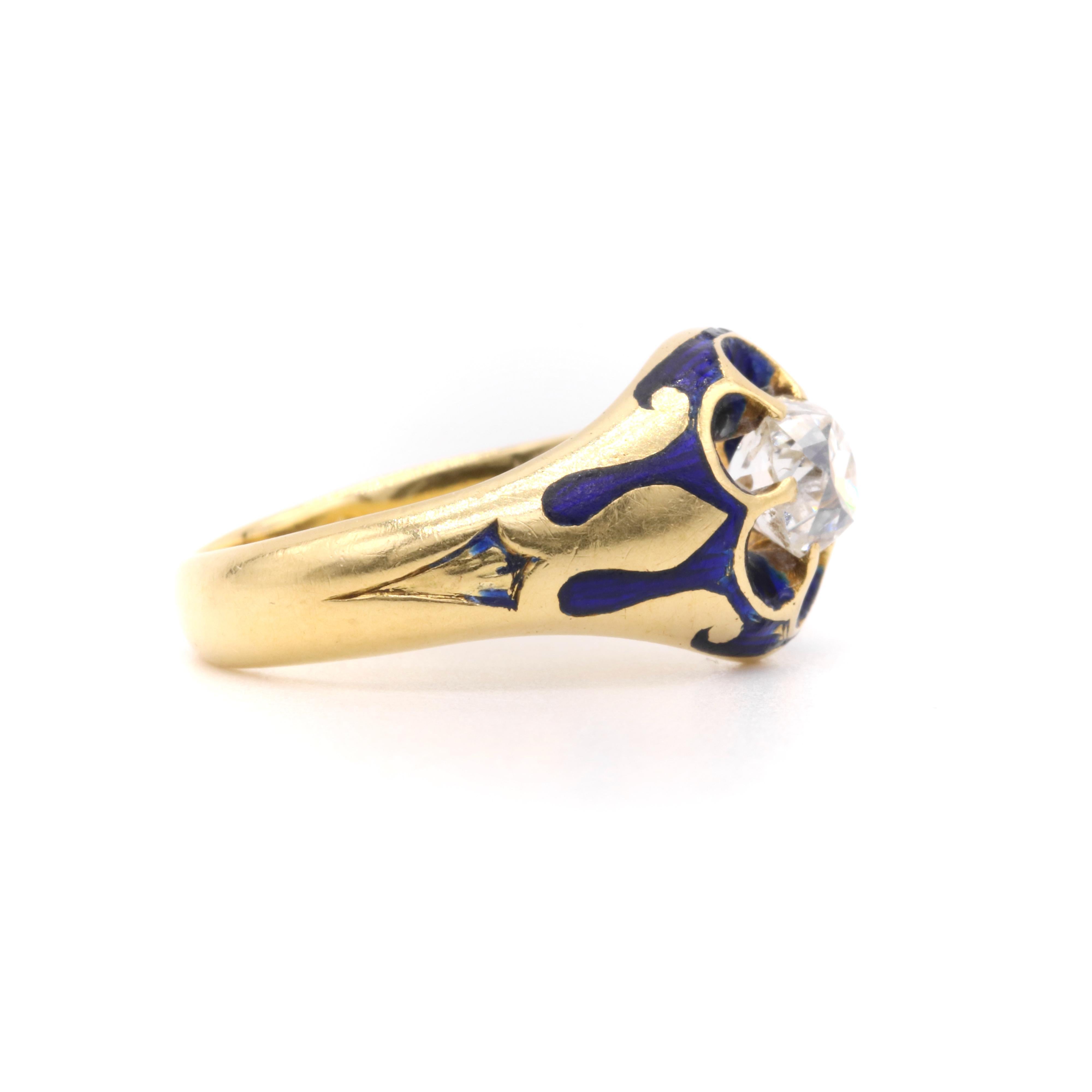 Women's or Men's Antique Victorian 1880s 18K Gold Blue Enamel & 0.65ct Old Mine Cut Diamond Ring For Sale