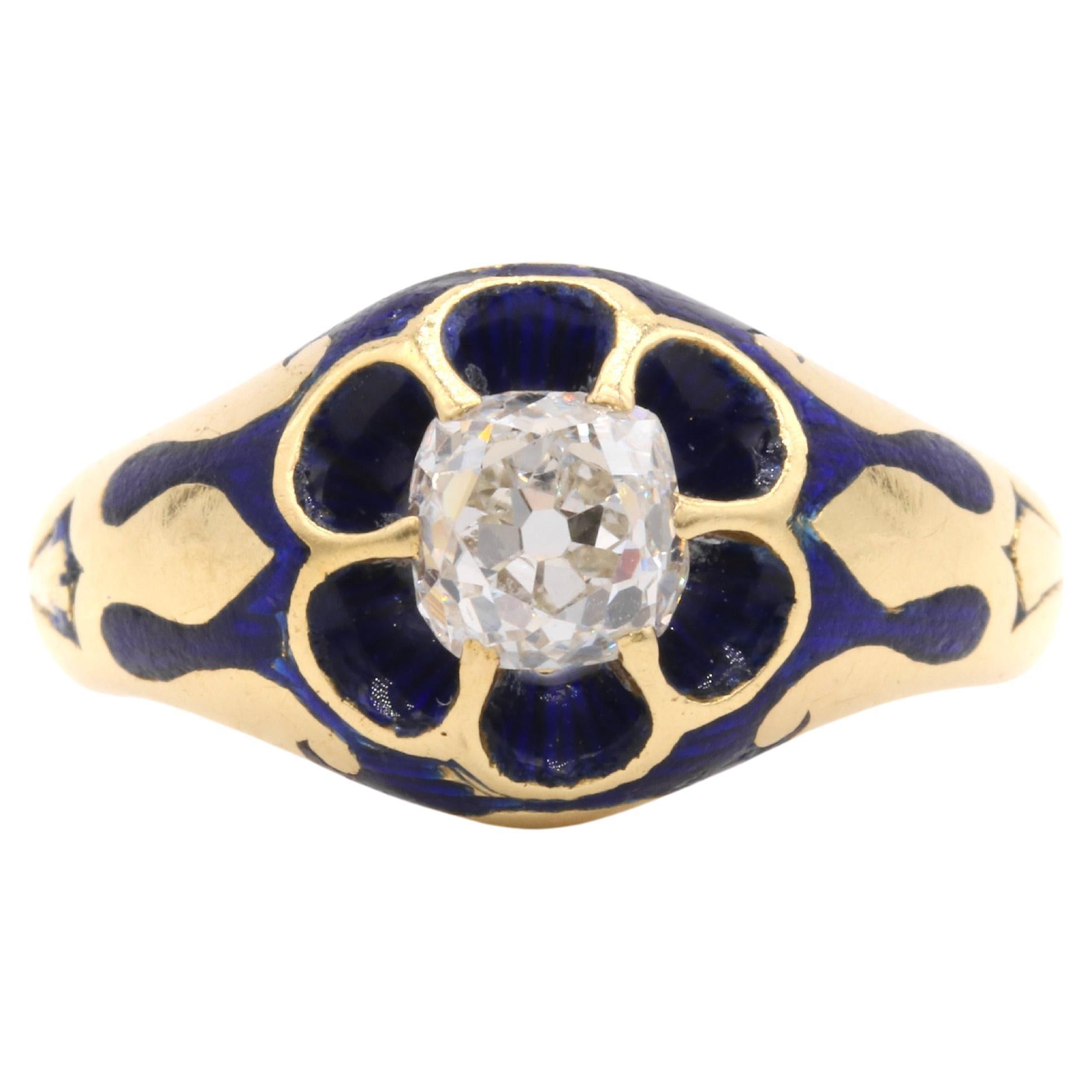Bague victorienne ancienne des années 1880 en or 18 carats, émail bleu et diamant taille vieille mine de 0,65 carat