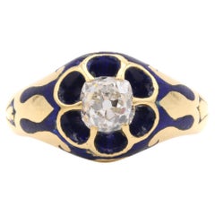 Antiguo anillo victoriano de oro de 1880 de 18 quilates con esmalte azul y diamantes talla antigua de 0,65 ct