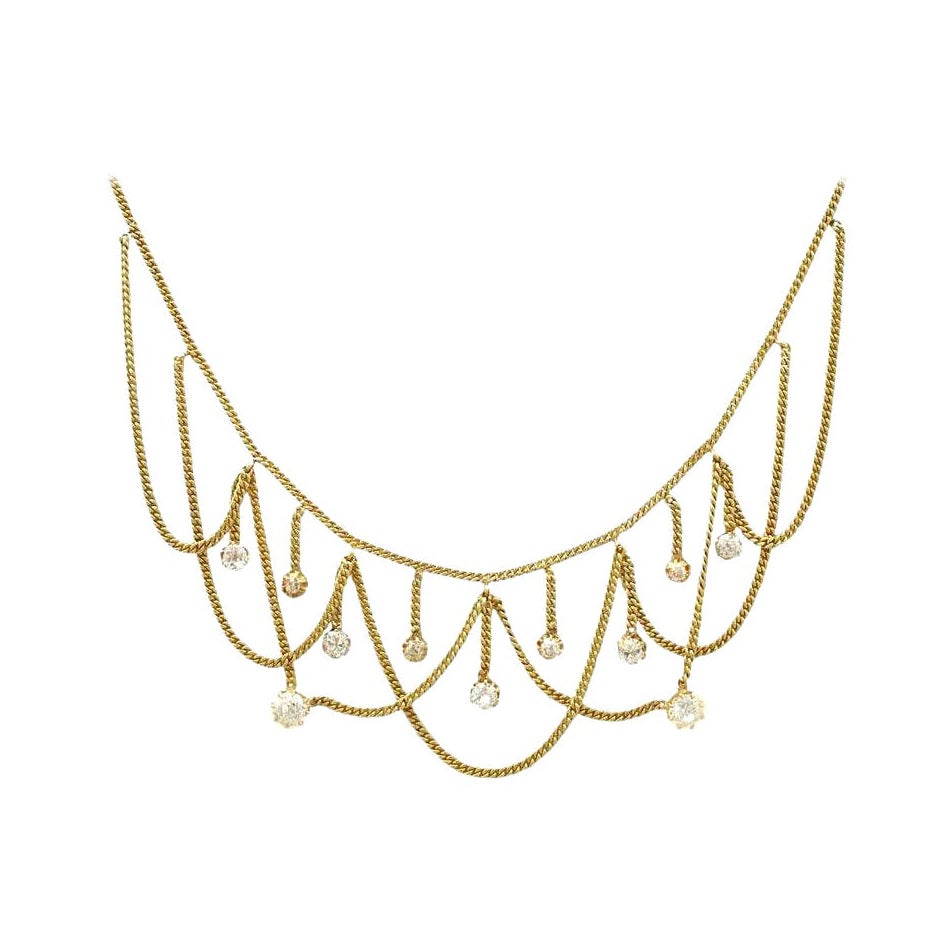 Antique Victorian 1880s 2.50 Carat Diamond and Yellow Gold Necklace For Sale
