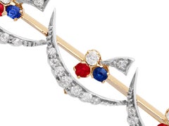 Antique Victorian 1880s Diamond Ruby and Sapphire Yellow Gold Bar Brooch