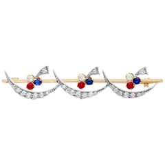 Antique Victorian 1880s Diamond Ruby and Sapphire Yellow Gold Bar Brooch