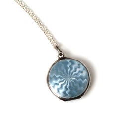 Antique Victorian 1880s Enamel Floral Blue Enamel Locket Necklace