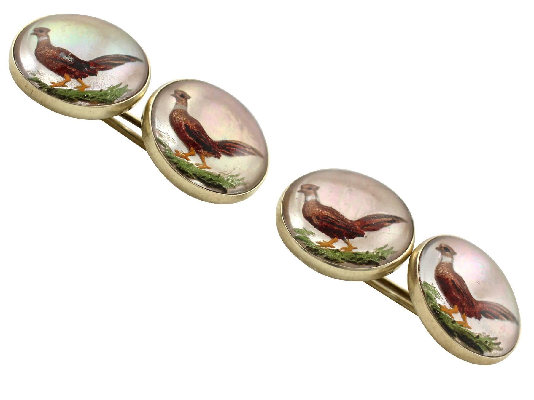 A fine and impressive pair of Victorian essex crystal and 14 karat yellow gold 'Pheasant' cufflinks; part of our diverse antique jewelry and estate jewelry collections

These fine and impressive antique pheasant cufflinks have been crafted in 14k