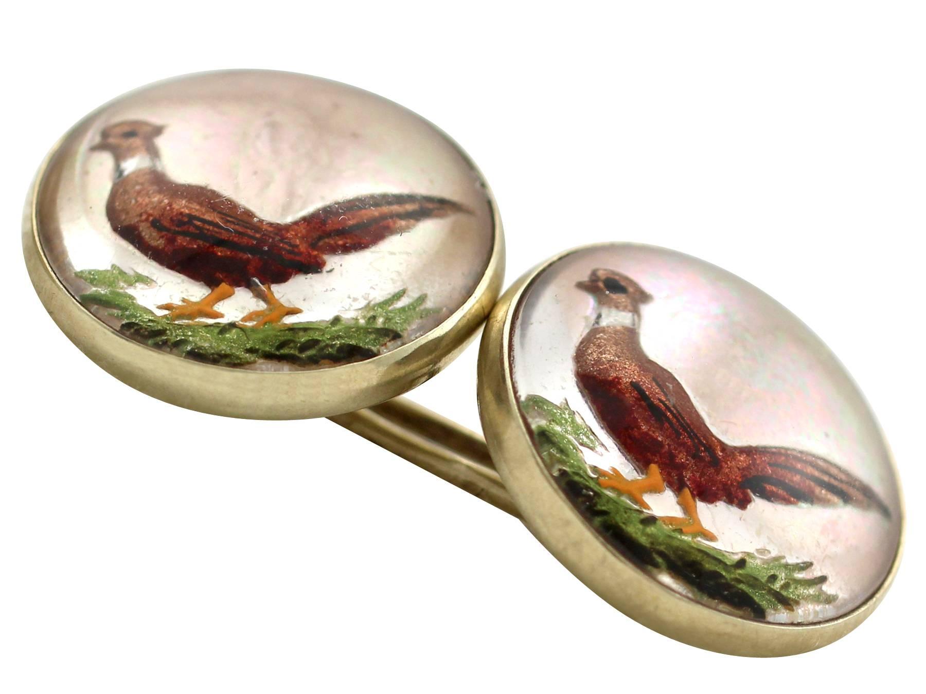 Cabochon Antique Victorian 1880s Essex Crystal and Yellow Gold 'Pheasant' Cufflinks
