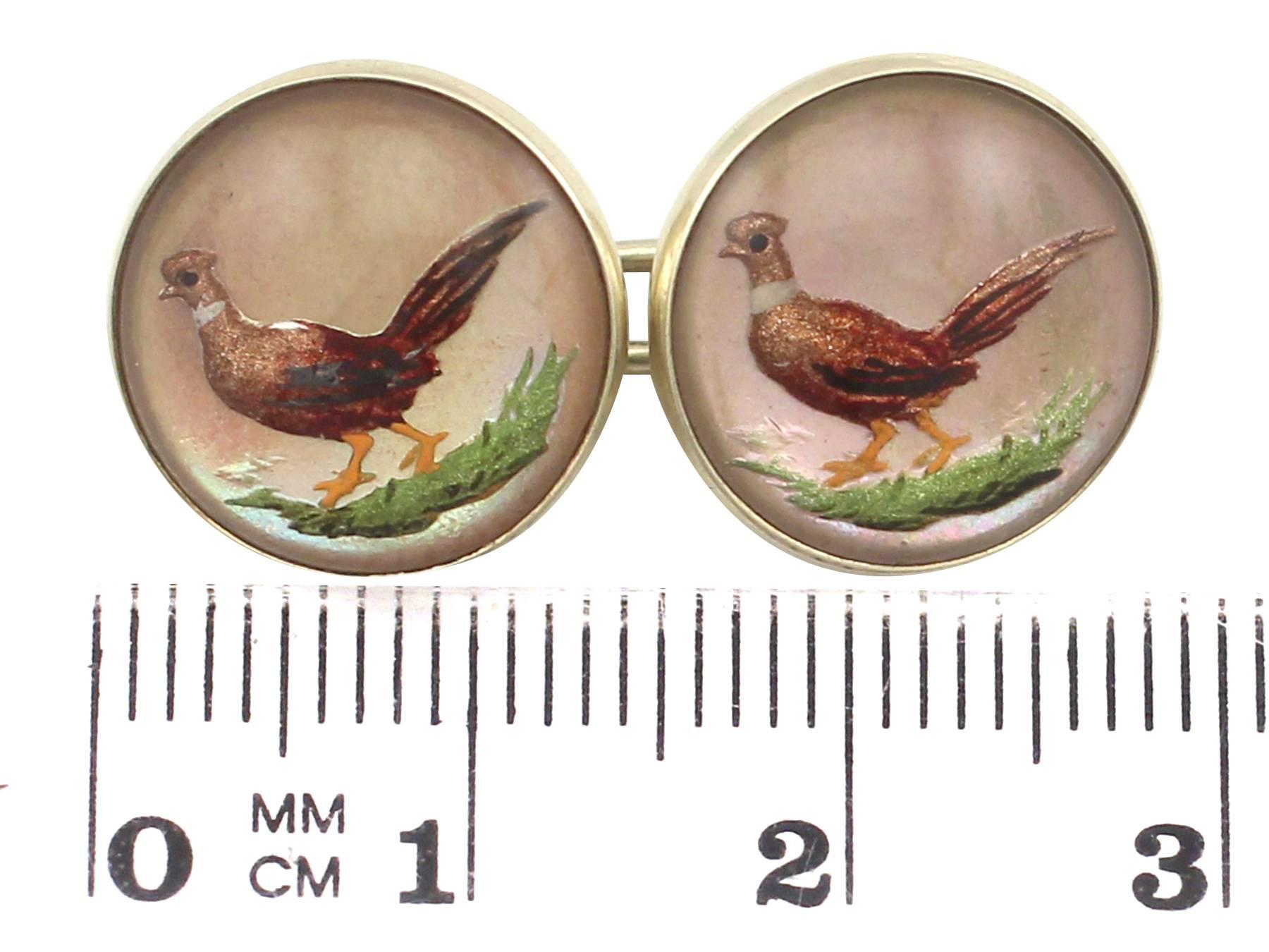 Antique Victorian 1880s Essex Crystal and Yellow Gold 'Pheasant' Cufflinks 1