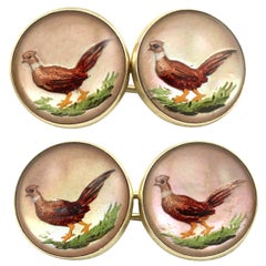 Antique Victorian 1880s Essex Crystal and Yellow Gold 'Pheasant' Cufflinks