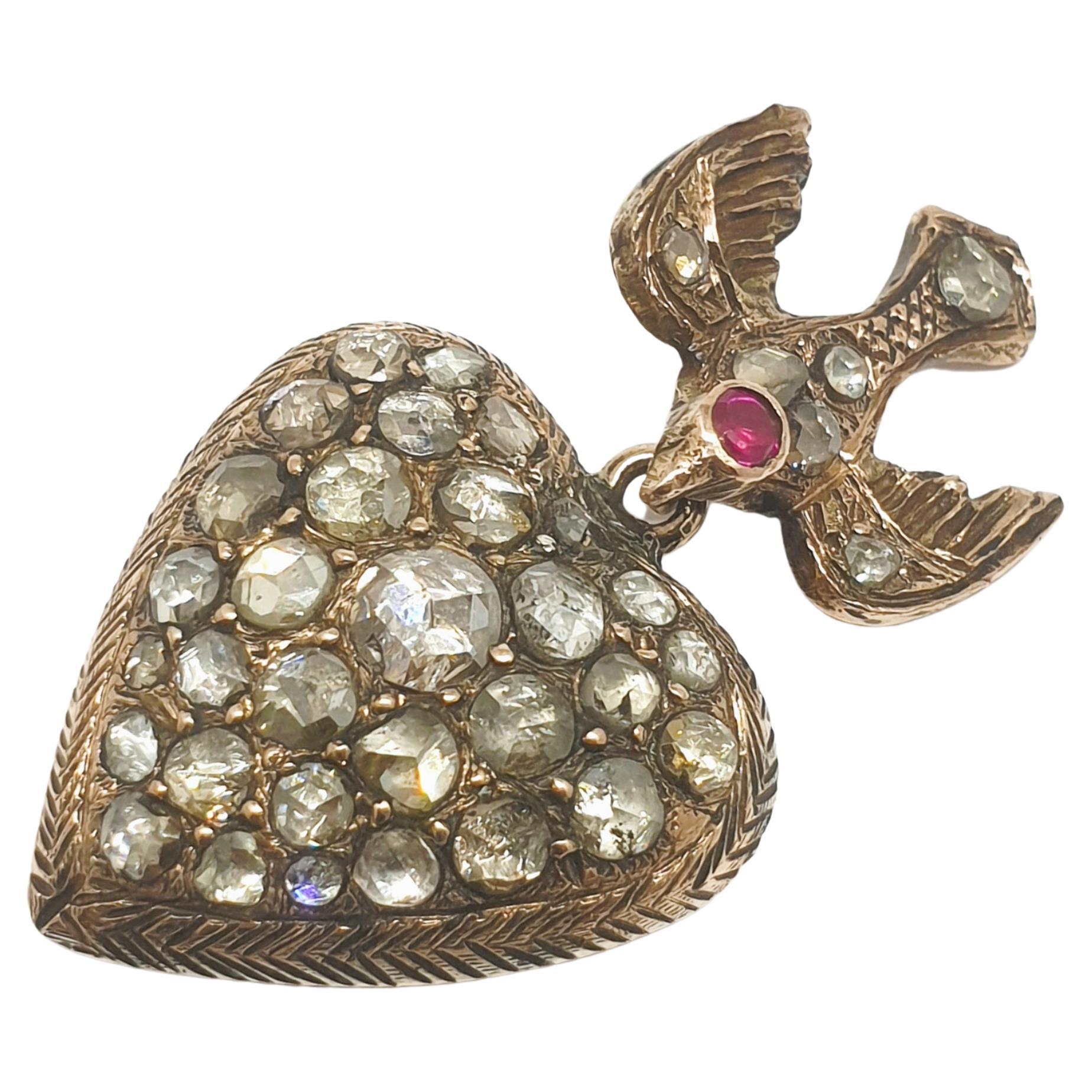 Pendentif en forme de cœur en diamant taillé en rose, Antiquités victoriennes des années 1880