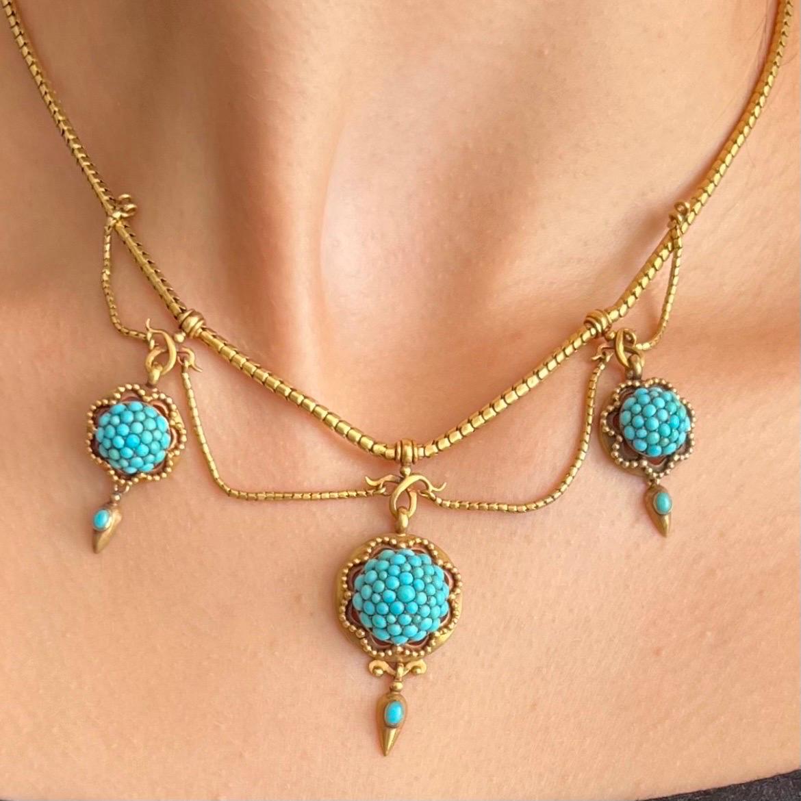 Cabochon Antique Victorian 1880's Turquoise 18K Gold Necklace For Sale