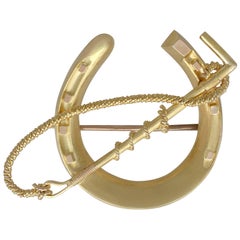 Used Victorian 1880s Yellow Gold 'Horseshoe and Crop Brooch