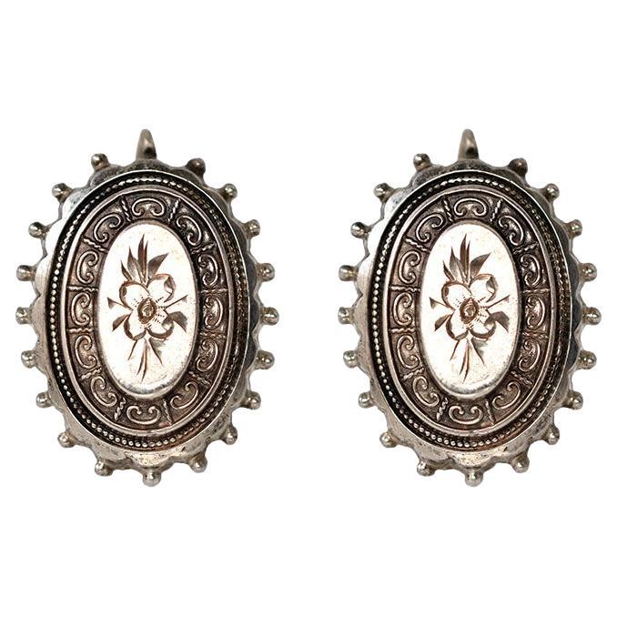 Antique Victorian 1881 Silver Flower Drop Earrings