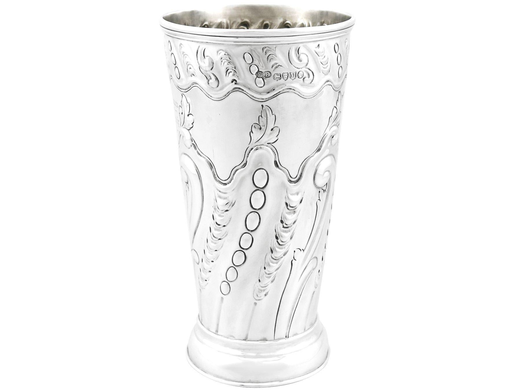 A fine and impressive antique Victorian English sterling silver vase with military interest (Durham Light Infantry); an addition to our ornamental silverware collection.

This fine antique Victorian sterling silver vase has a tapering cylindrical