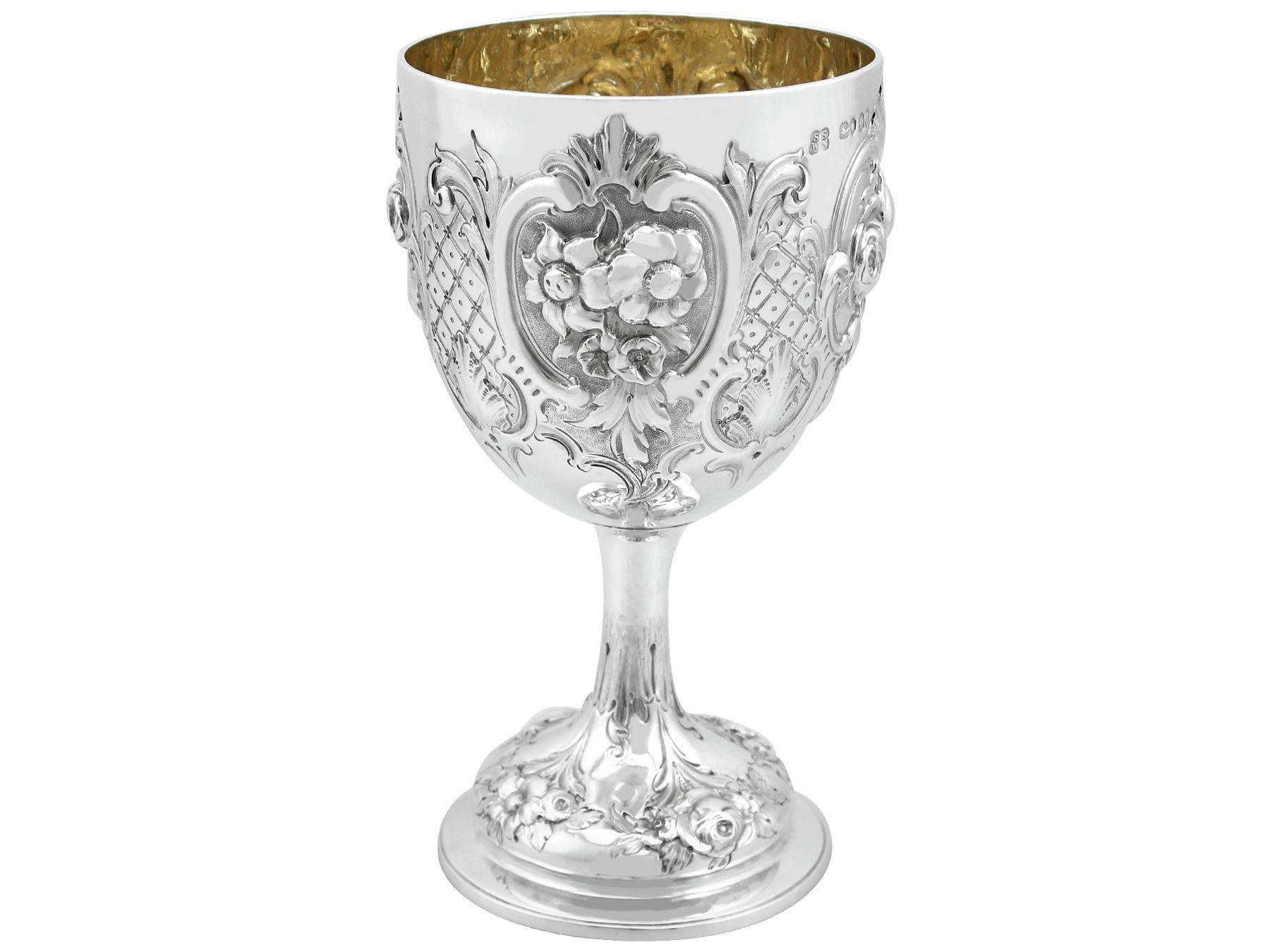 An exceptional, fine and impressive antique Victorian English sterling silver goblet; an addition to our collection of wine and drinks related silverware.

This exceptional, fine and impressive antique Victorian sterling silver goblet, has a