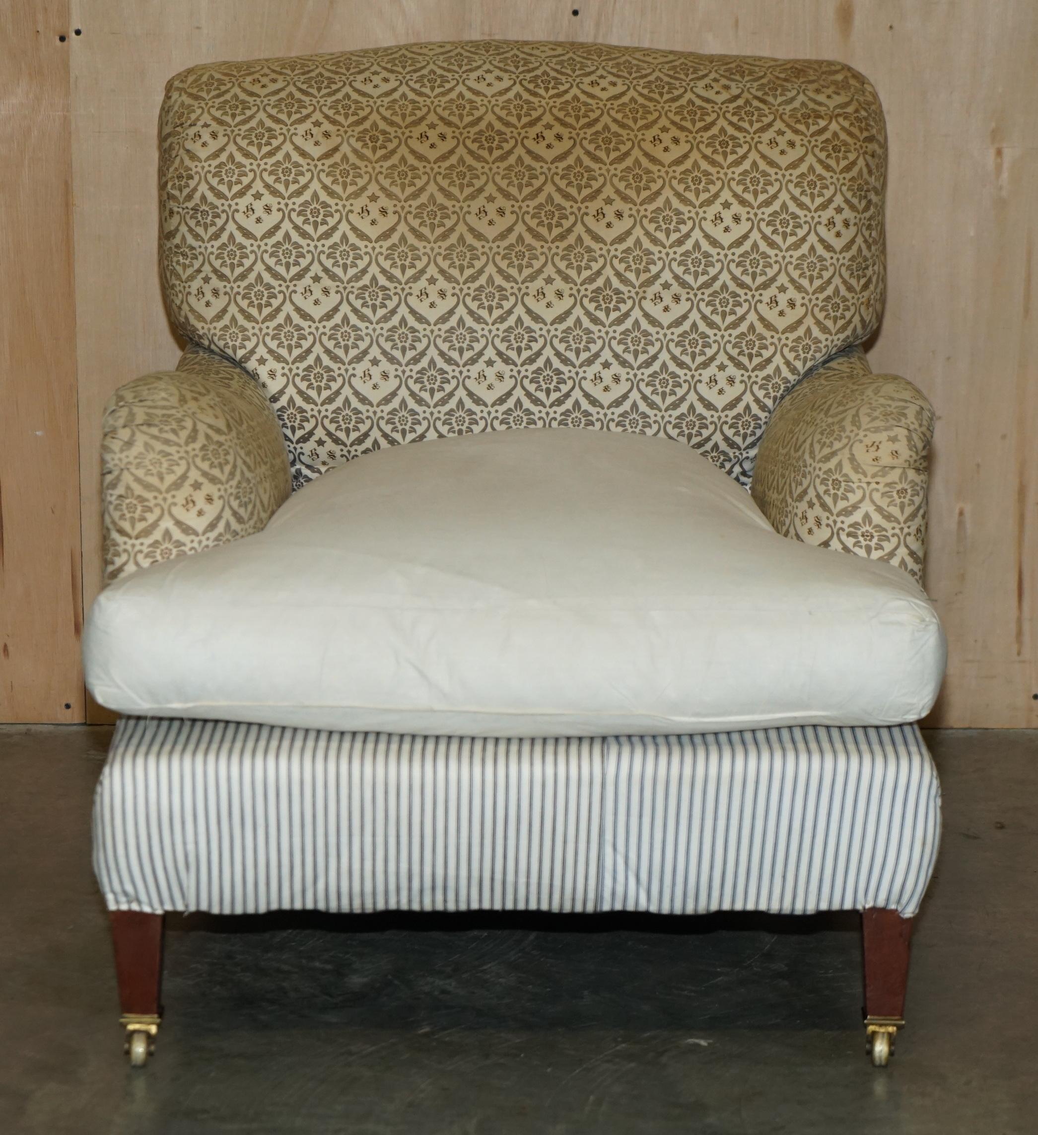 Hand-Crafted ANTIQUE VICTORIAN 1890 ORIGINAL TICKING FABRIC HOWARD & SON'S IVOR ARMCHAiR For Sale