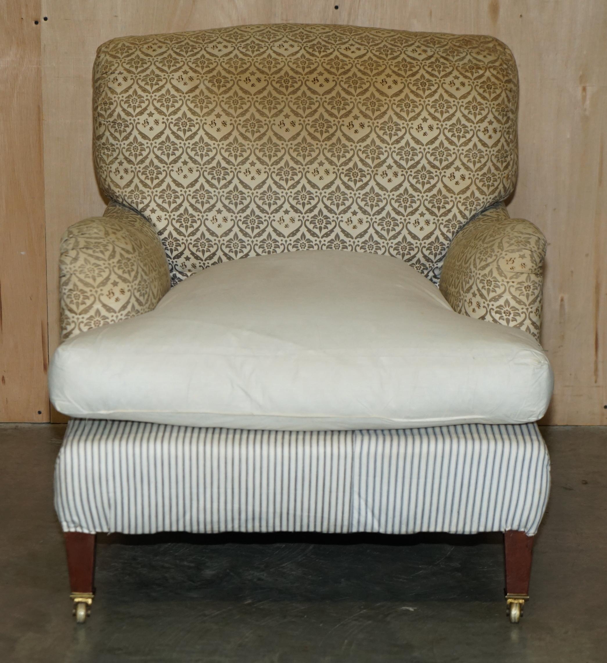 English ANTIQUE VICTORIAN 1890 ORIGINAL TICKING FABRIC HOWARD & SON'S IVOR ARMCHAiR