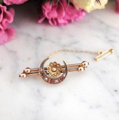Antique Victorian 1890 Ruby Pearl Bar 9ct Gold Crescent Brooch