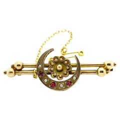 Antique Victorian 1890 Ruby Pearl Bar 9ct Gold Crescent Brooch