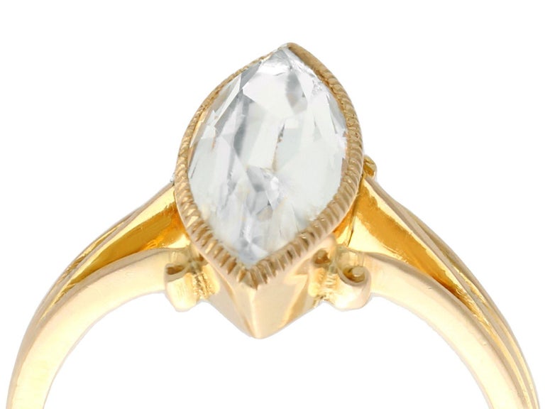 A fine and impressive 2.33 carat aquamarine and 15 karat yellow gold marquise shaped dress ring; part of our diverse antique jewelry and estate jewelry collections.

This fine and impressive Victorian aquamarine ring has been crafted in 15k yellow