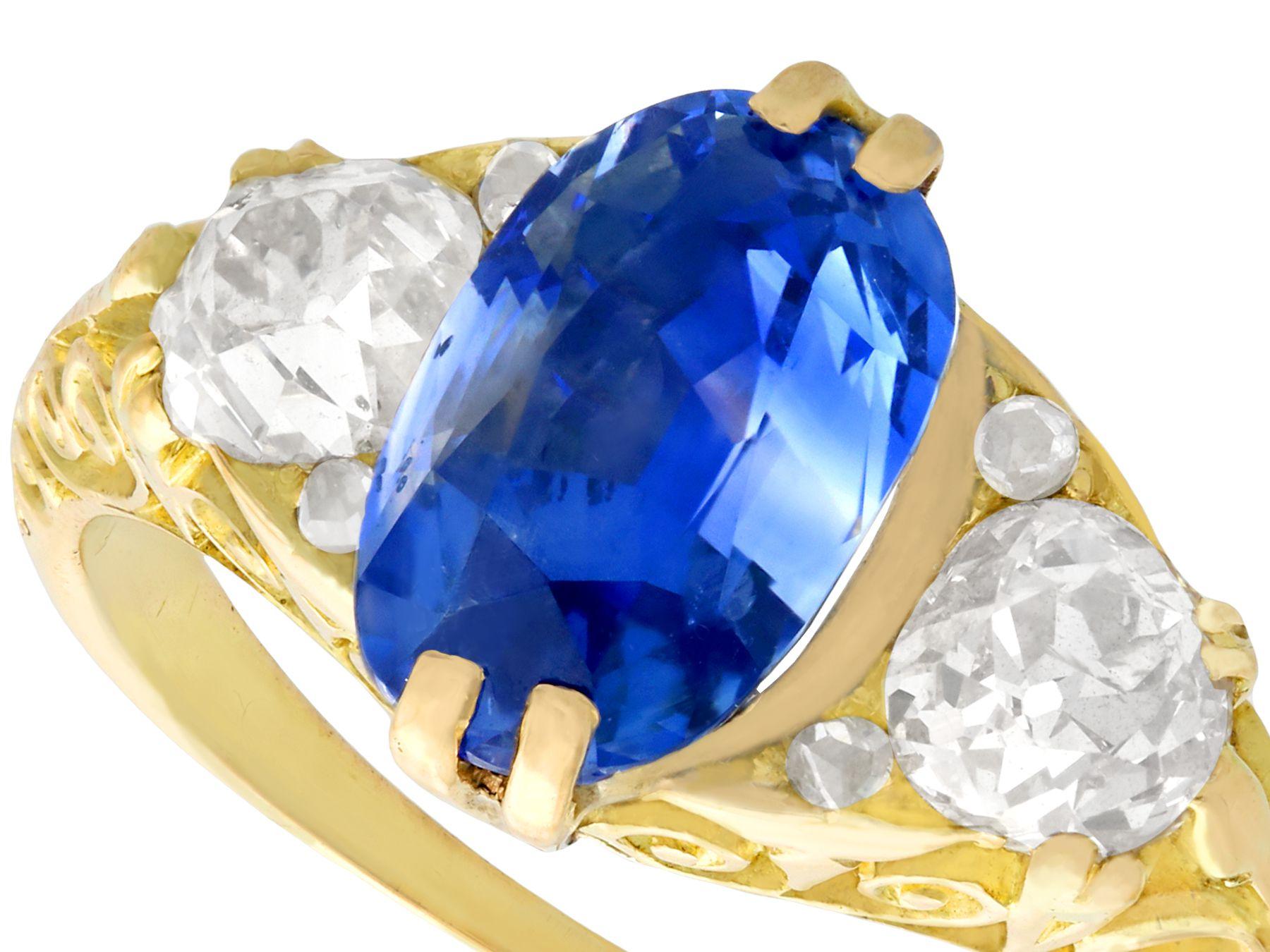 Round Cut Antique Victorian 1890s 3.11 Carat Sapphire Diamond Yellow Gold Trilogy Ring For Sale