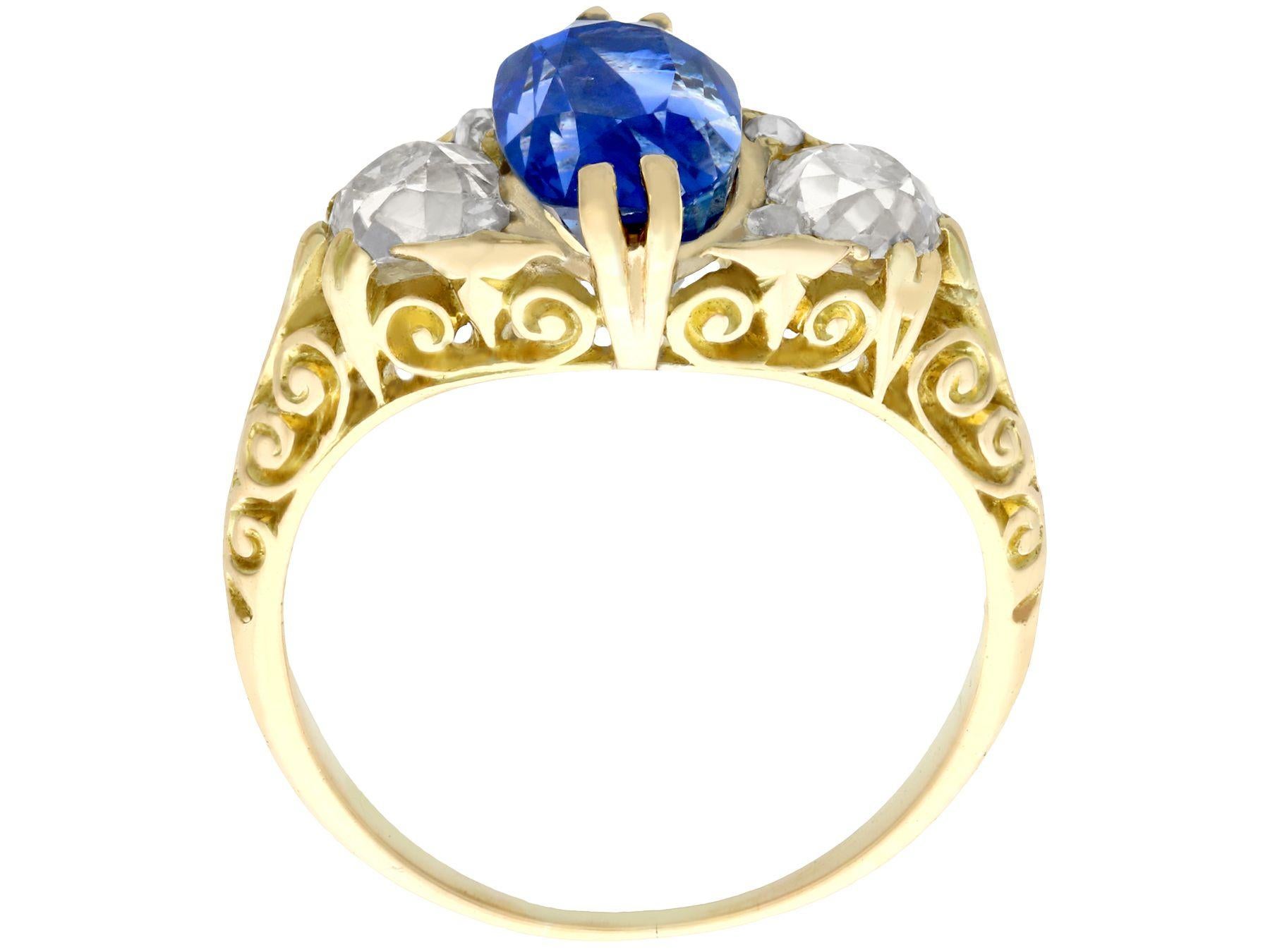 Round Cut Antique Victorian 1890s 3.11 Carat Sapphire Diamond Yellow Gold Trilogy Ring For Sale