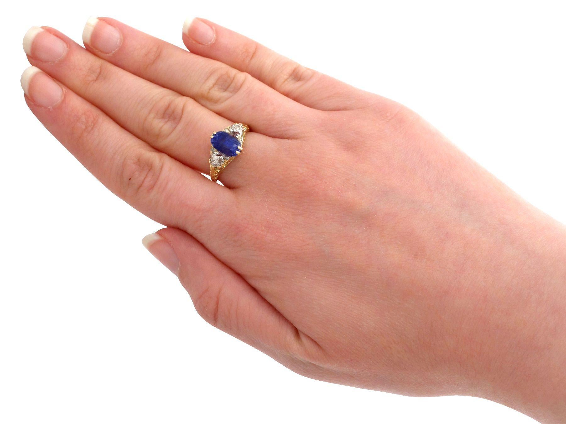 Antique Victorian 1890s 3.11 Carat Sapphire Diamond Yellow Gold Trilogy Ring For Sale 4
