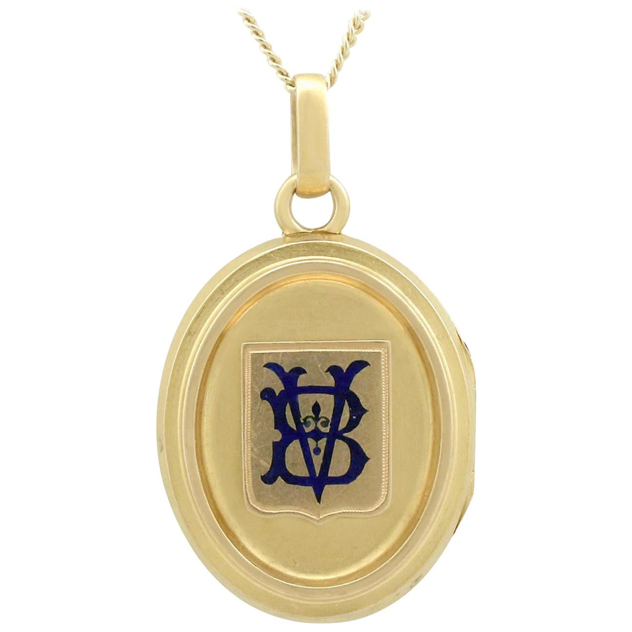 Antique Victorian 1890s Blue Enamel and Yellow Gold Locket
