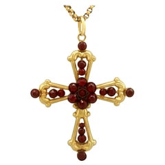 Antique Victorian 1890s Garnet Yellow Gold Cross Pendant