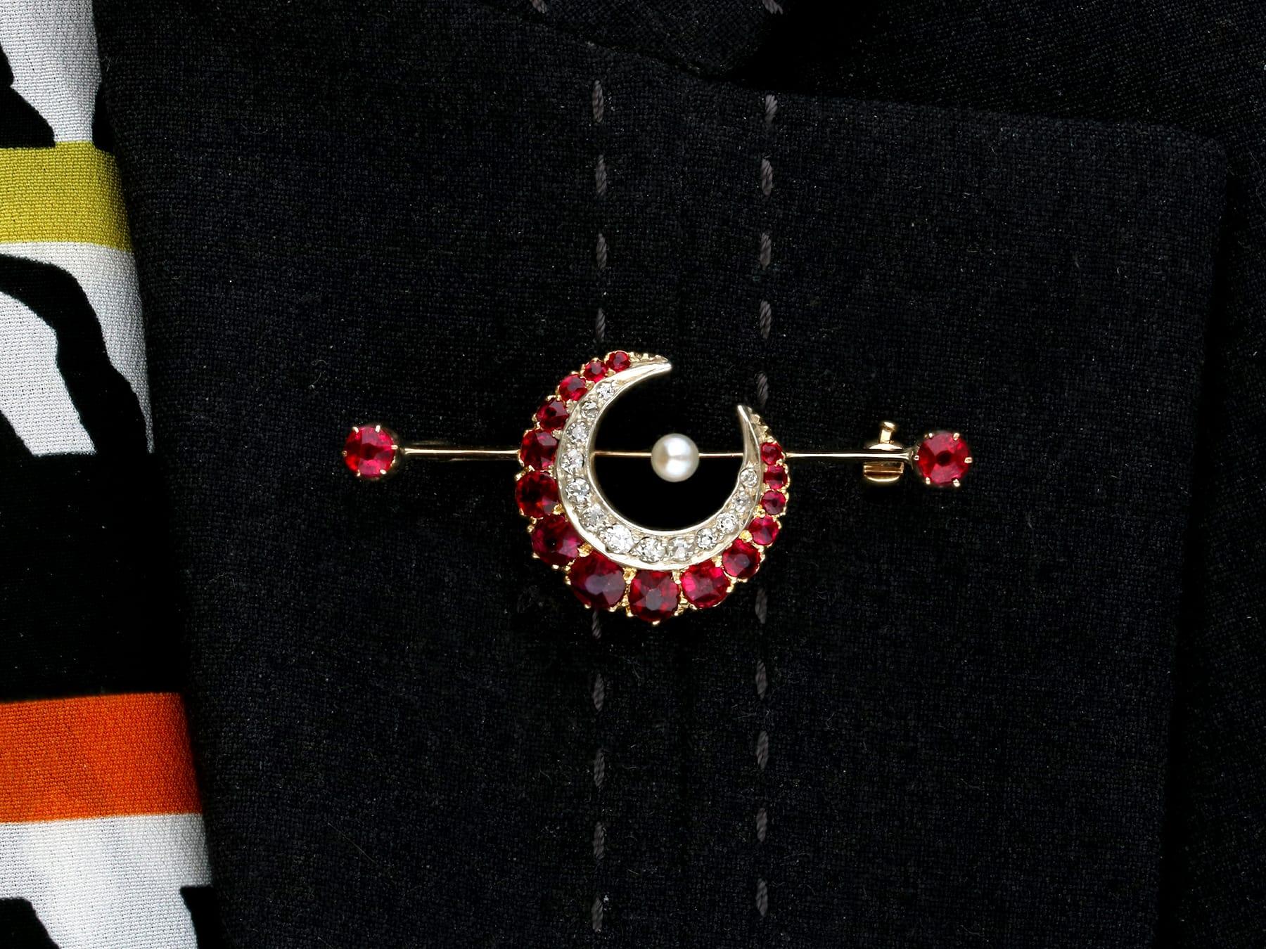 Antique Victorian 1890s Ruby Diamond Pearl Yellow Gold Crescent Bar Brooch For Sale 6