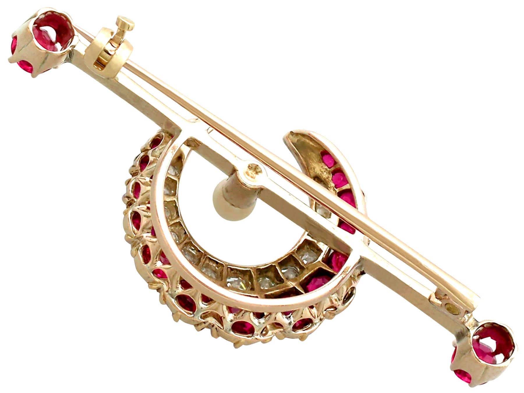 Antique Victorian 1890s Ruby Diamond Pearl Yellow Gold Crescent Bar Brooch For Sale 1