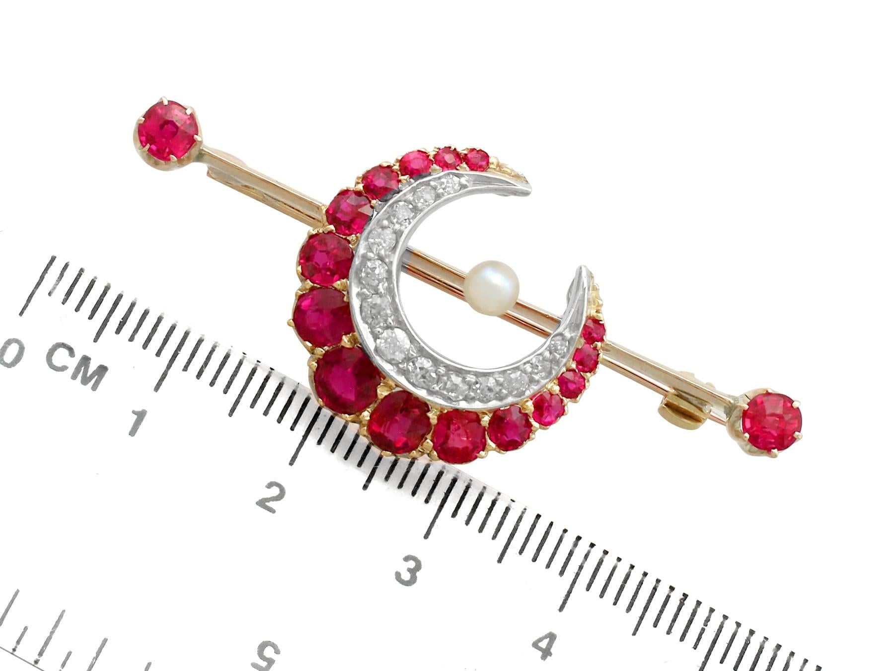 Antique Victorian 1890s Ruby Diamond Pearl Yellow Gold Crescent Bar Brooch For Sale 3