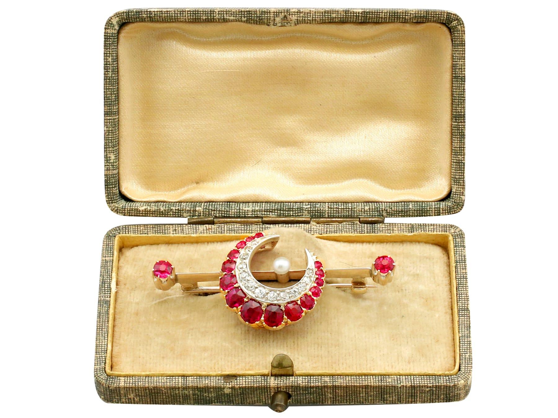 Antique Victorian 1890s Ruby Diamond Pearl Yellow Gold Crescent Bar Brooch For Sale 4