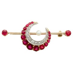 Antique Victorian 1890s Ruby Diamond Pearl Yellow Gold Crescent Bar Brooch