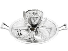 Antique Victorian 1890s Sterling Silver Water Lily Inkwell