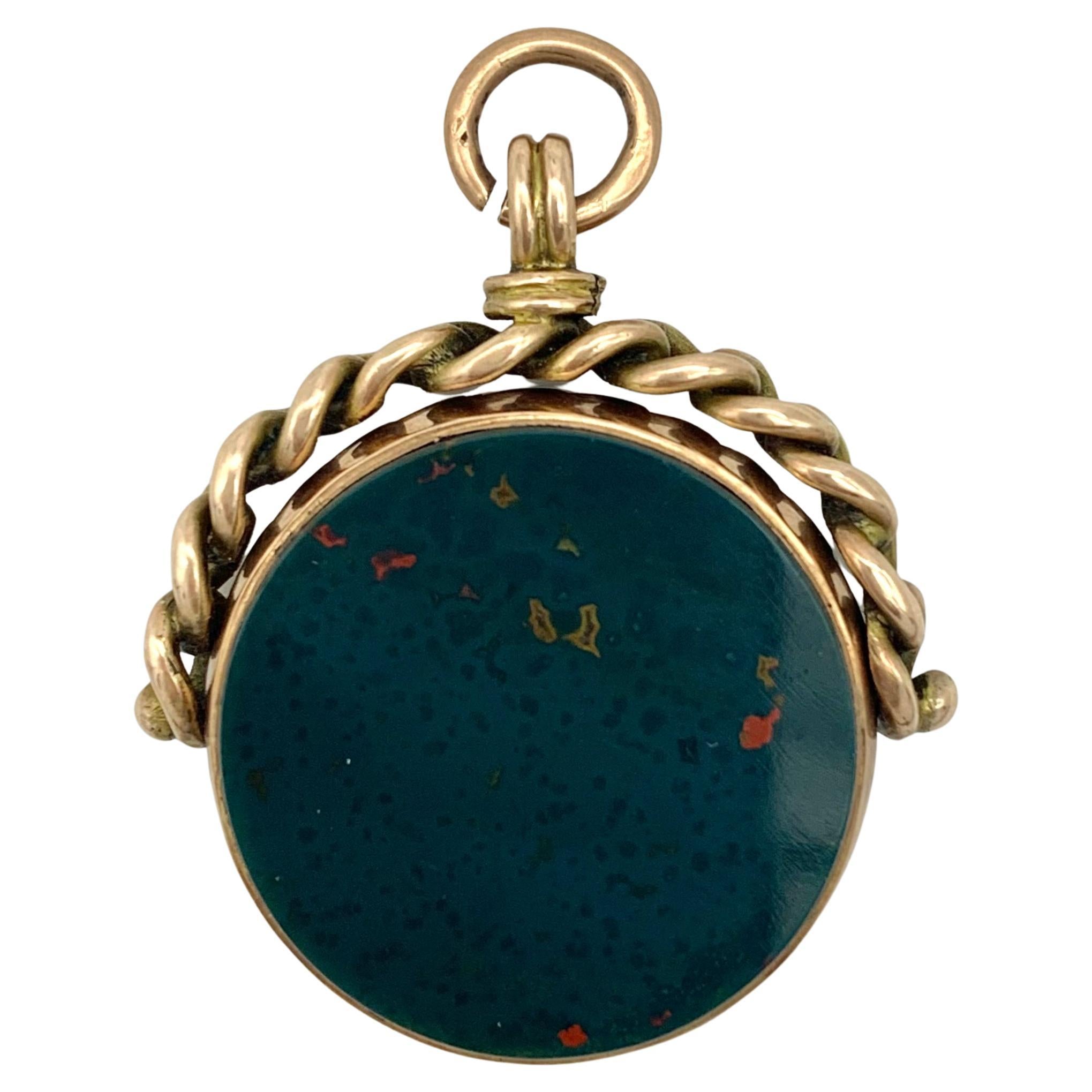 Antique Victorian 1897 Fob Swivel Pendant 9kt Gold Agate Bloodstone Heliotrope For Sale