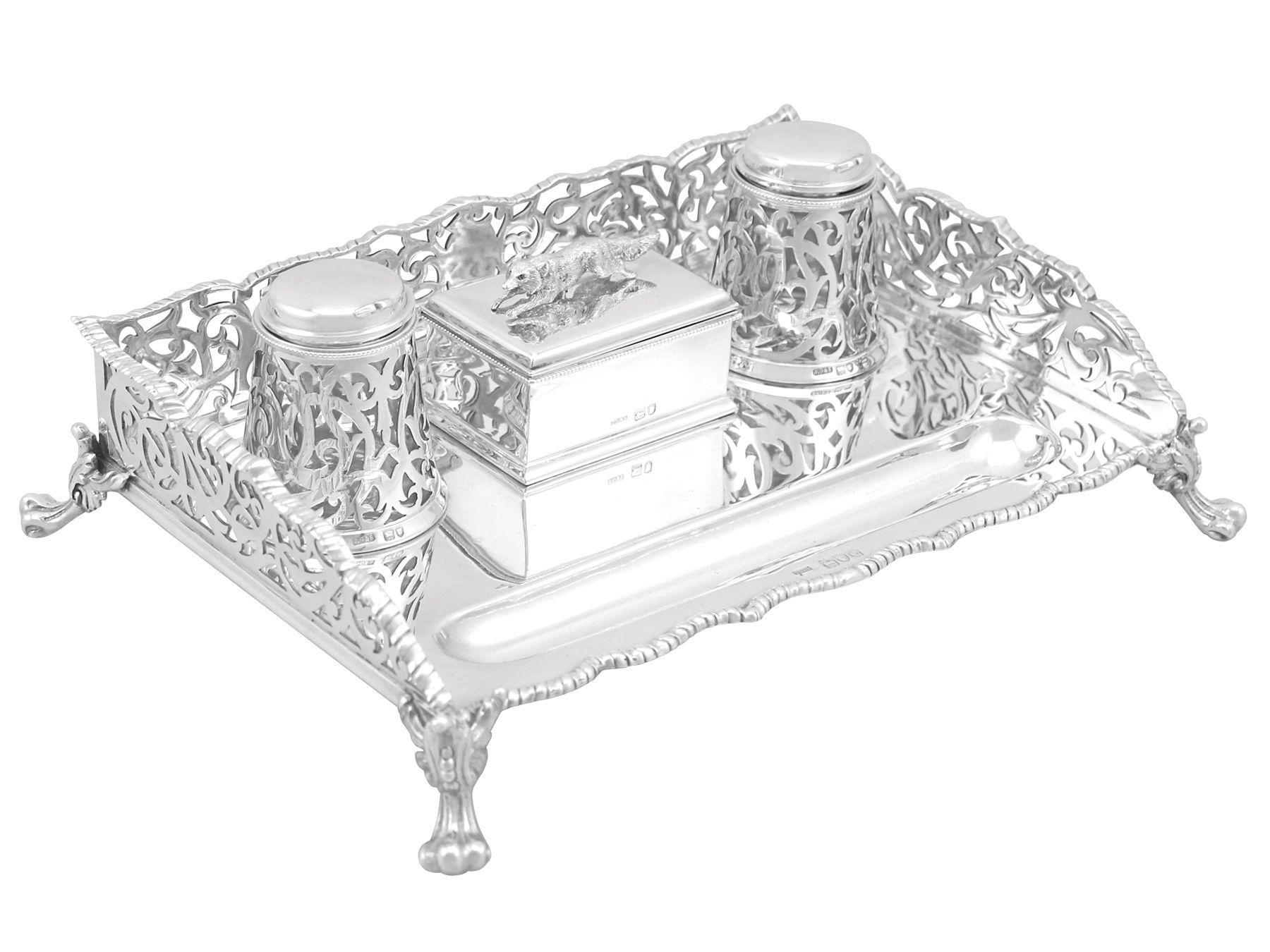 British Antique Victorian 1898 Sterling Silver Gallery Inkstand by John Grinsell & Sons For Sale