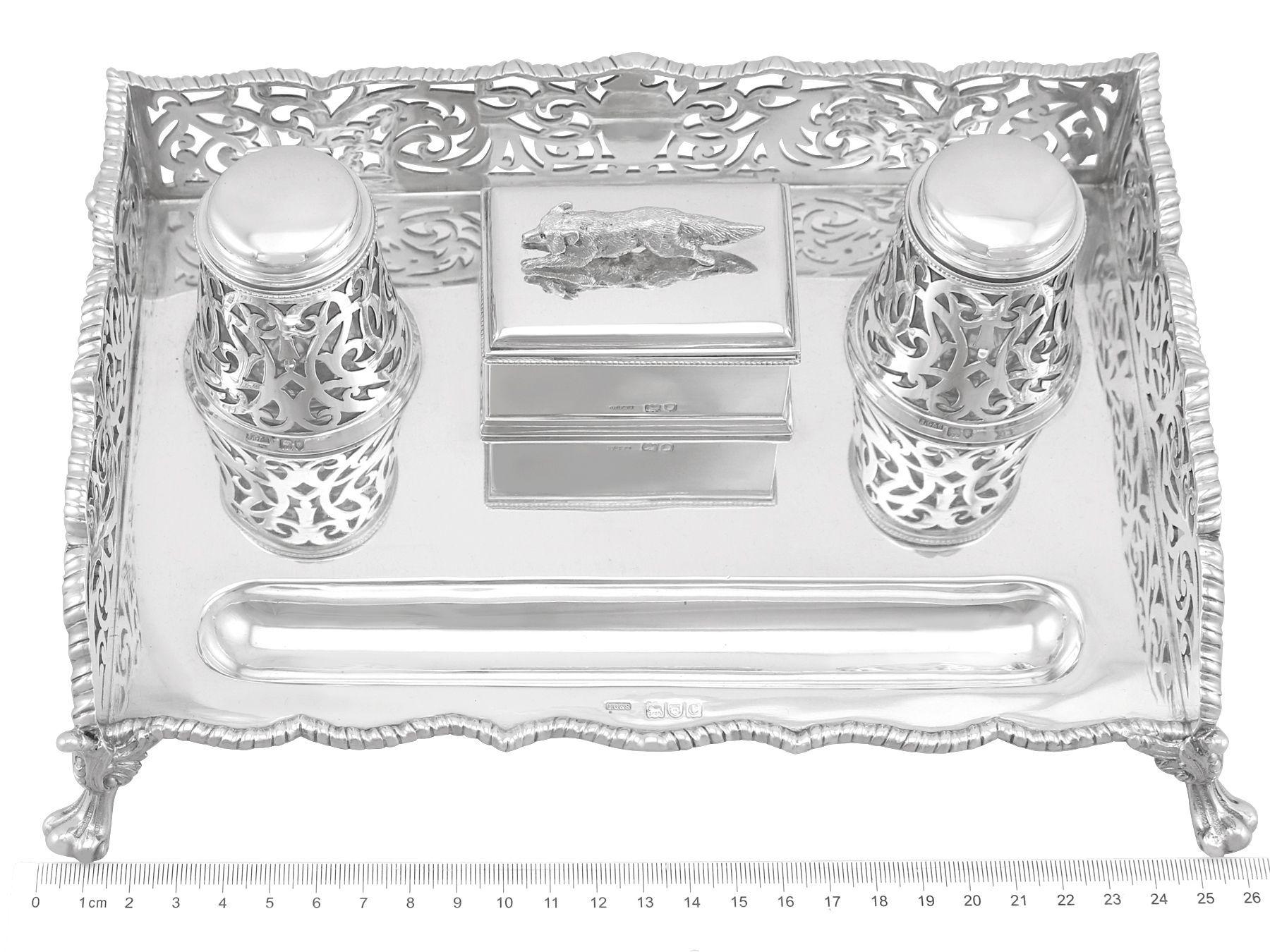 Antique Victorian 1898 Sterling Silver Gallery Inkstand by John Grinsell & Sons For Sale 4