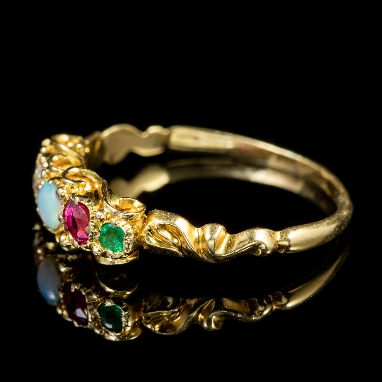 A wonderful antique Victorian sentiment ring showcasing a line of gemstones in the front gallery which spell out the word ‘Adore’ with each first letter of the stone – Amethyst, Diamond, Opal, Ruby, Emerald. 

Sentiment rings or ADORE rings were
