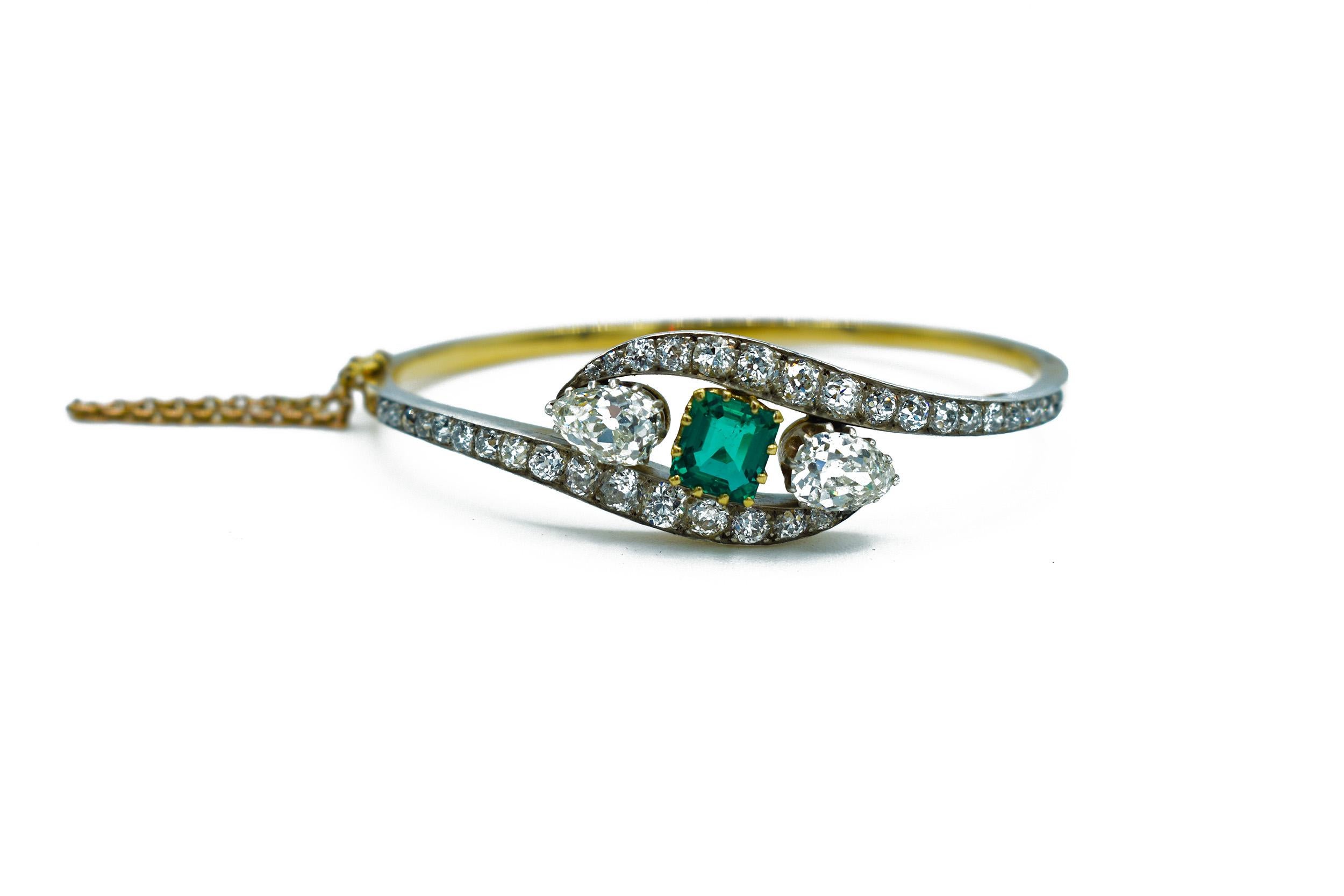 Victorien Bracelet victorien ancien en or 18ct avec diamants et émeraude naturelle en vente