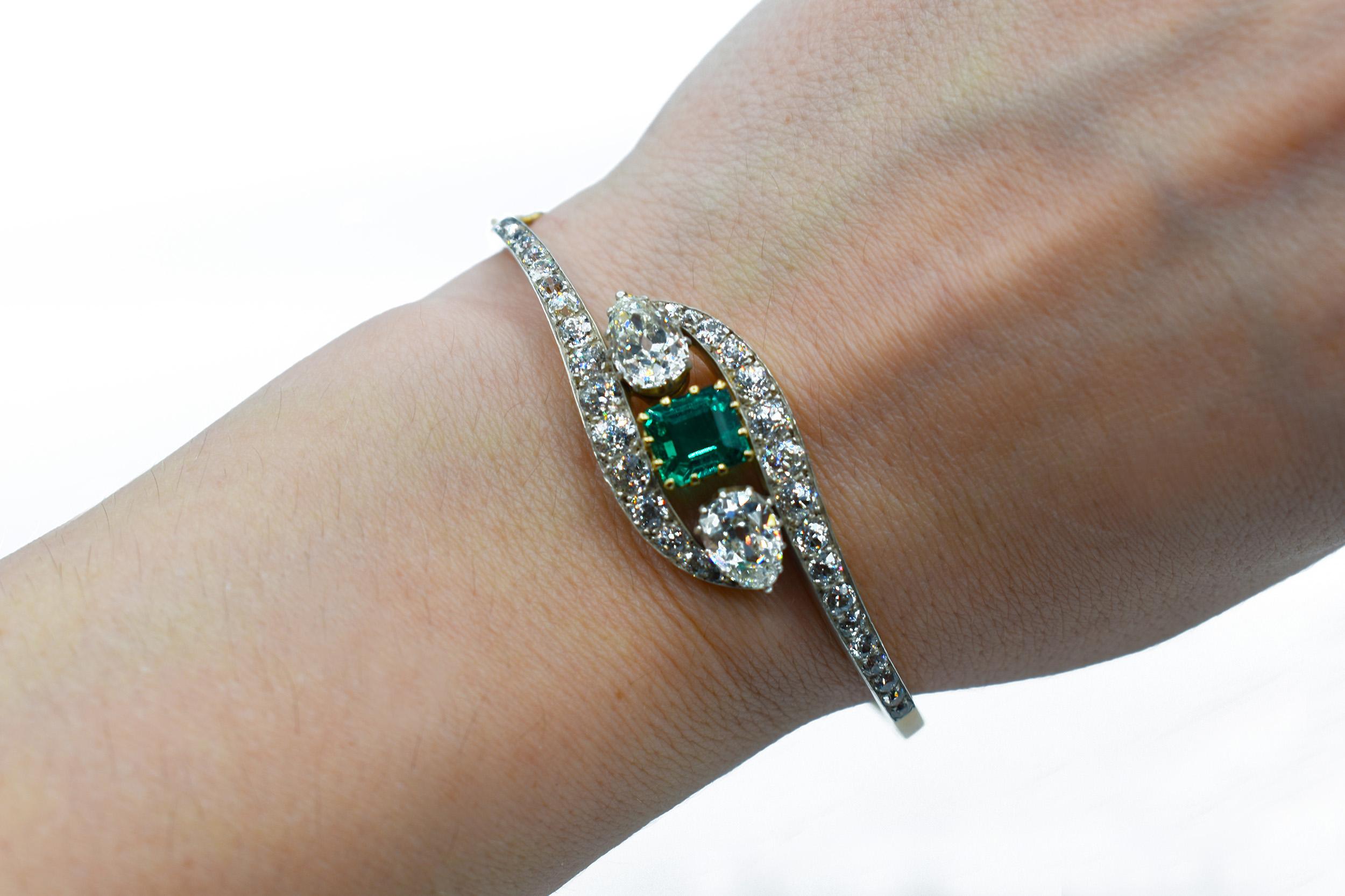 Bracelet victorien ancien en or 18ct avec diamants et émeraude naturelle Pour femmes en vente