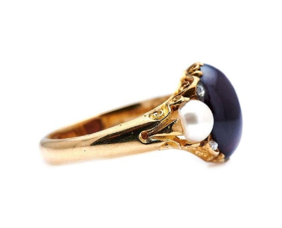 Antique, Victorian, 18ct Gold, Cabochon Garnet and Natural Pearl Ring In Excellent Condition For Sale In Rochford, Essex