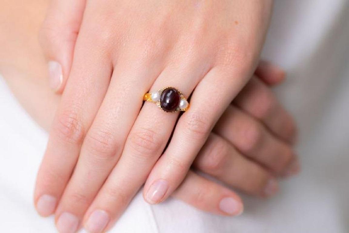 Antique, Victorian, 18ct Gold, Cabochon Garnet and Natural Pearl Ring For Sale 1