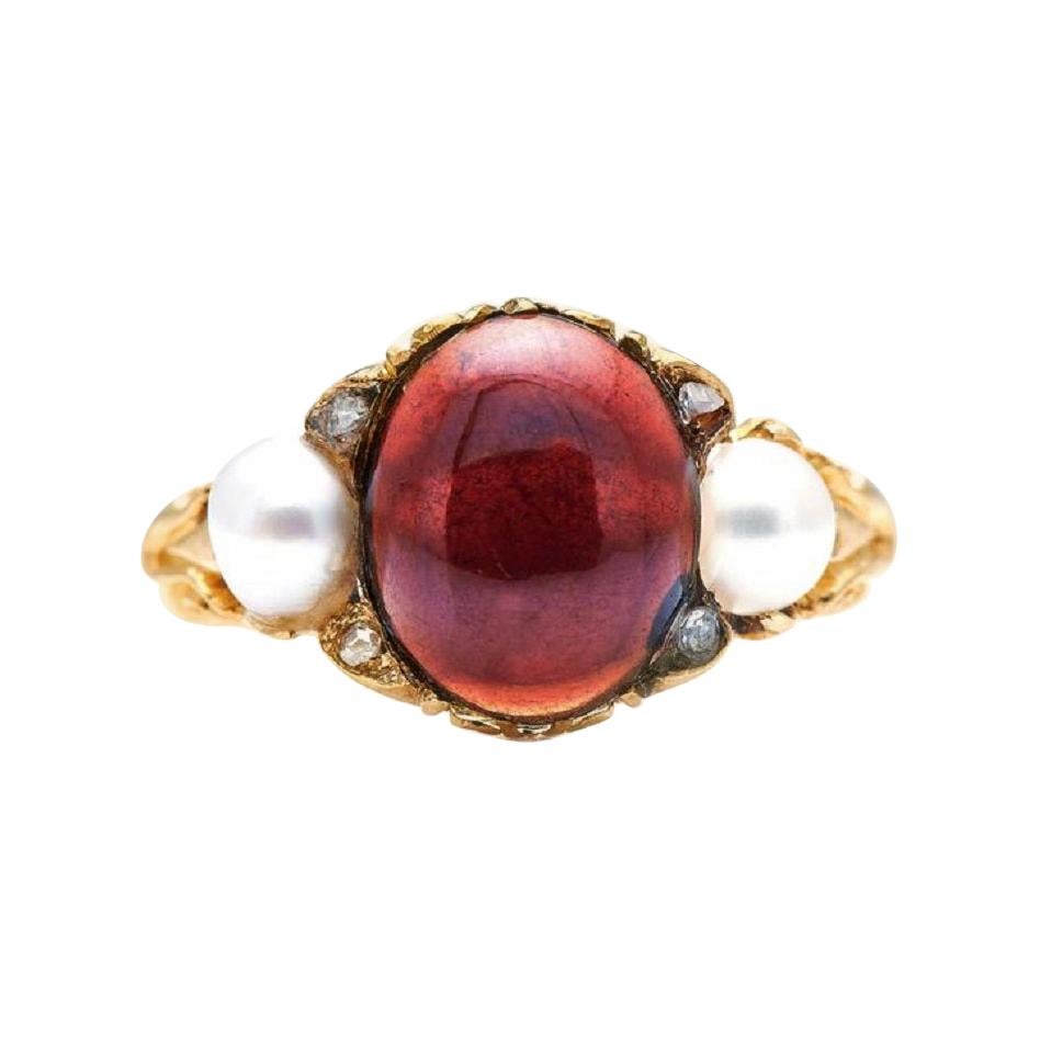Antique, Victorian, 18ct Gold, Cabochon Garnet and Natural Pearl Ring For Sale