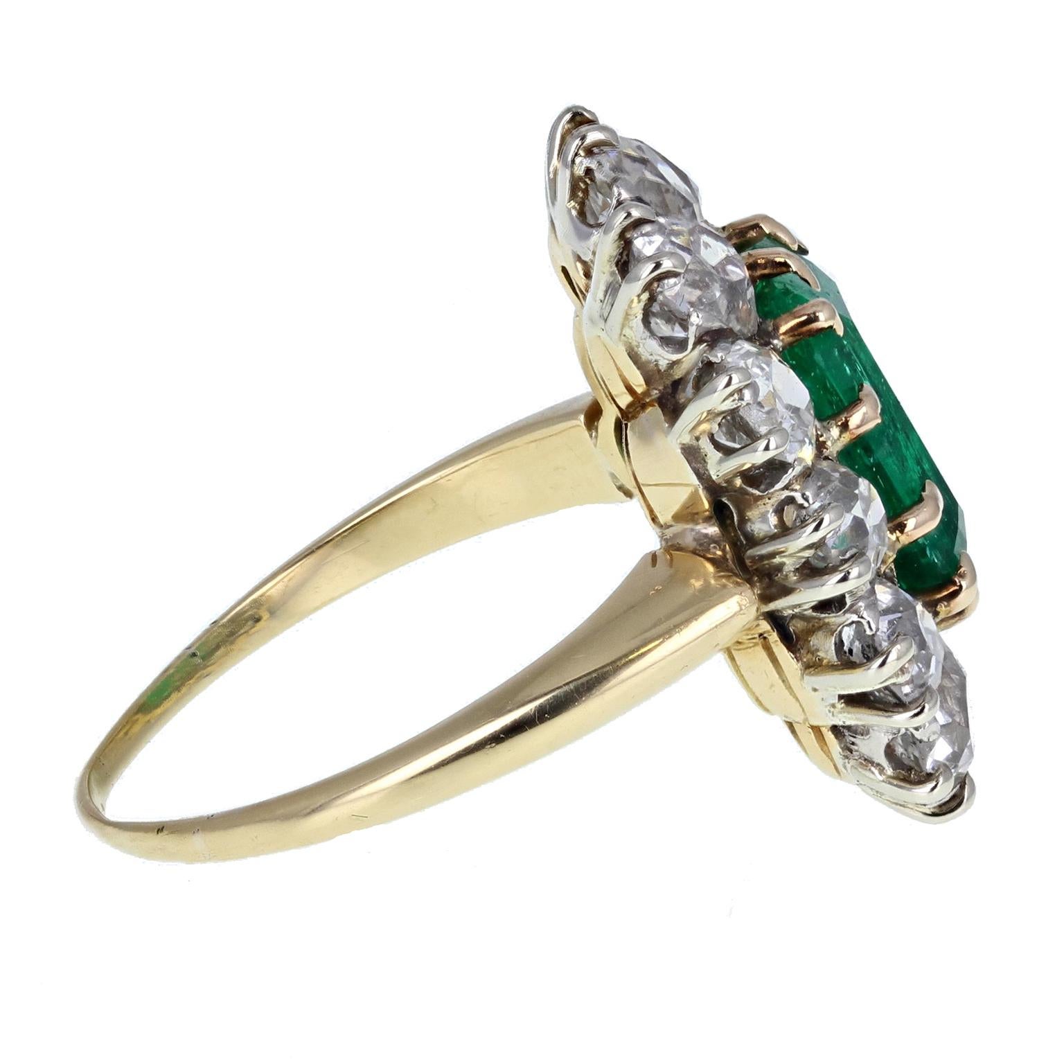 Emerald Cut Antique Victorian 18 Carat Gold Emerald Old Cut Diamond Cluster Cocktail Ring For Sale