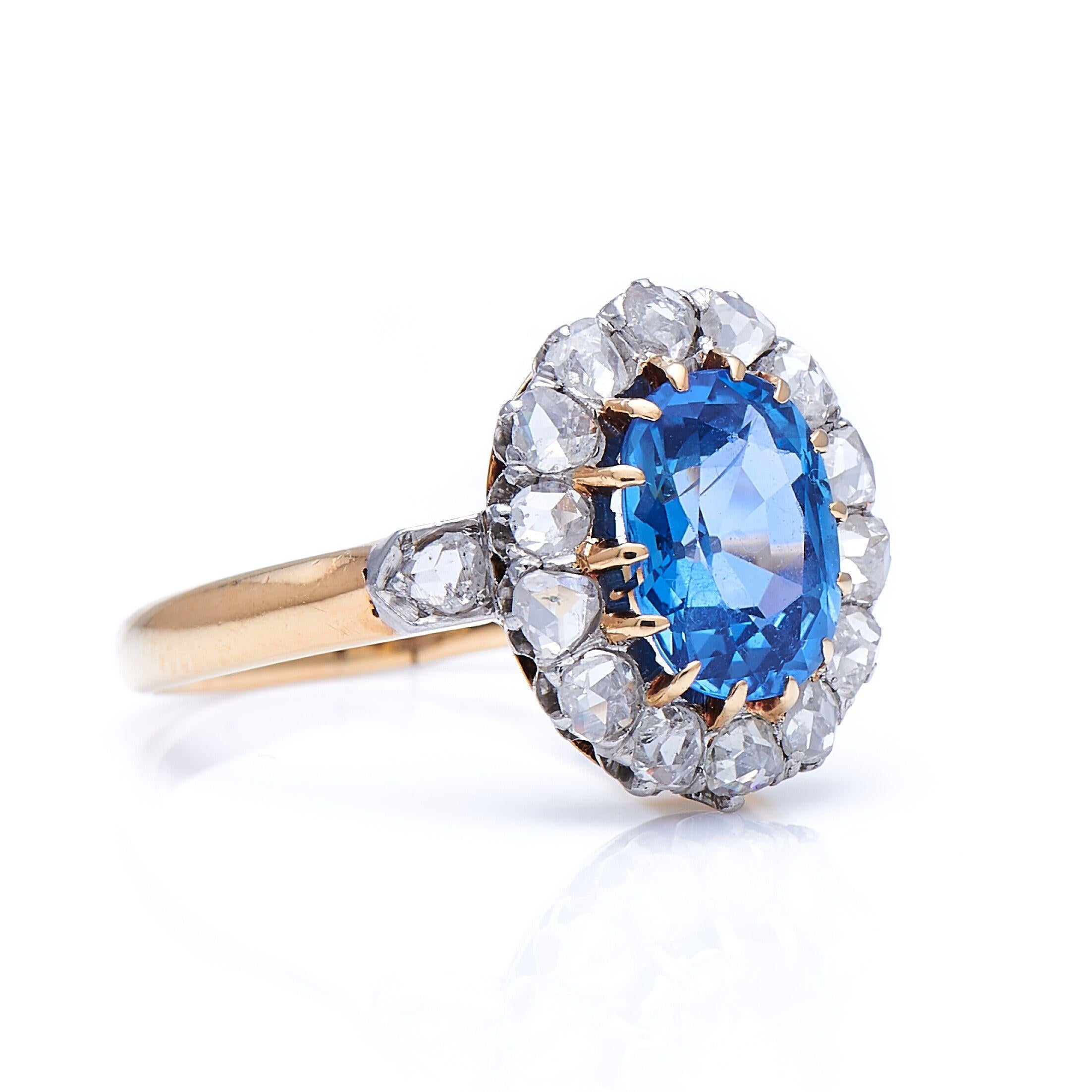 Sapphire and diamond ring, circa 1890. This beautiful sapphire and diamond cluster is claw-set with an untreated Sri Lankan sapphire of beautiful limpidity and a lovely sky blue tone. Unusually, it is surrounded by rose-cut diamonds, which reflect