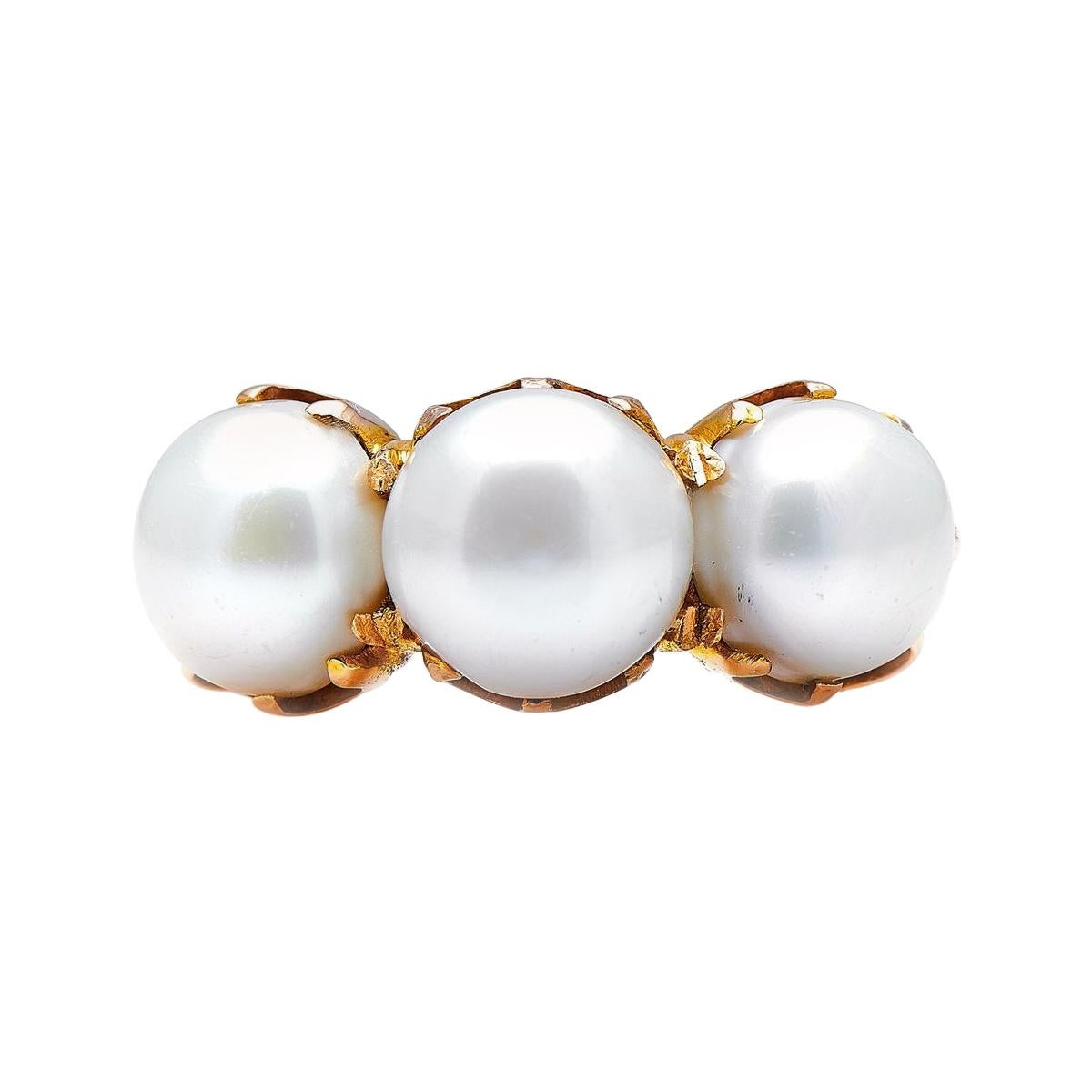 Antique, Victorian, 18ct Gold, Natural Pearl Three-Stone Ring For Sale