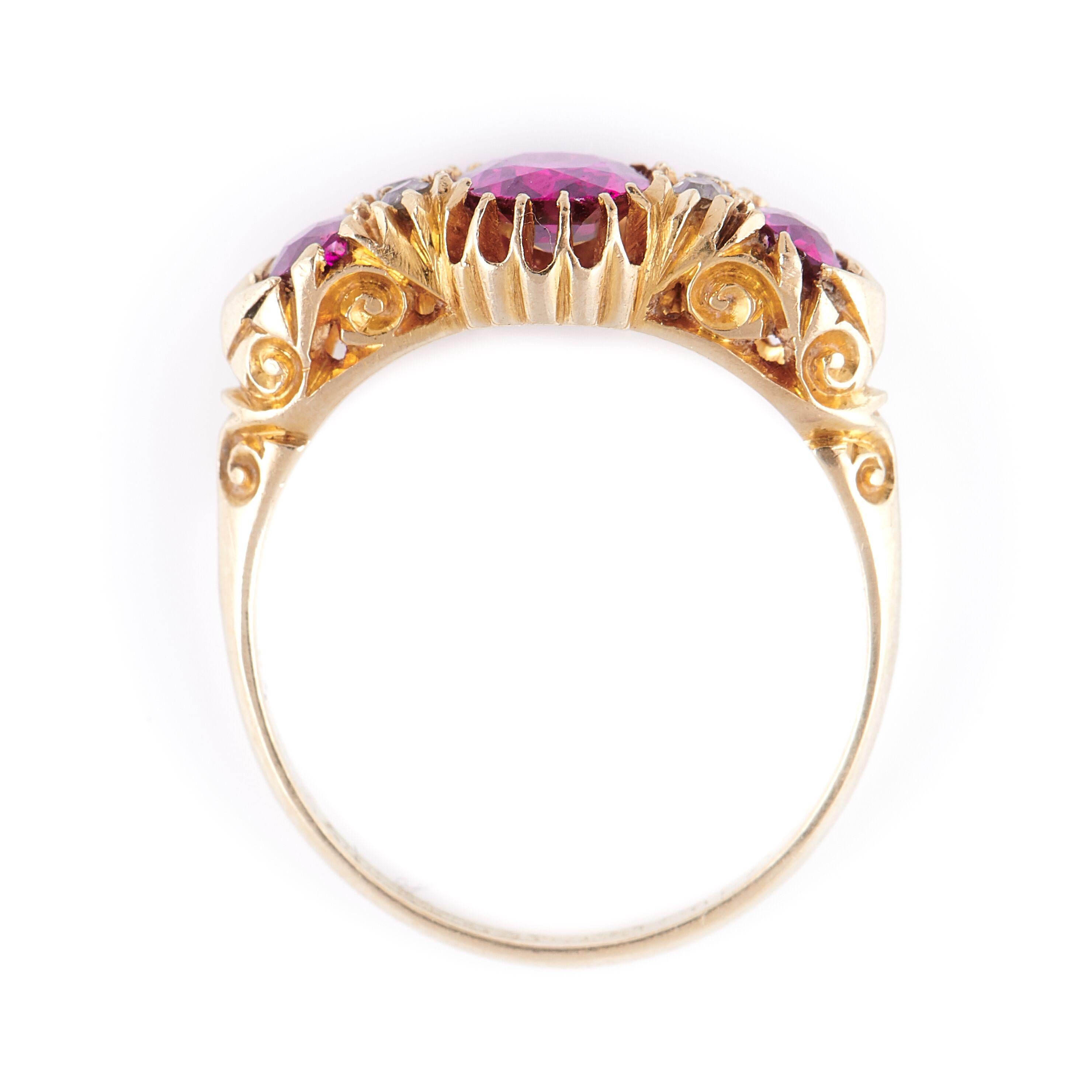 Antique Cushion Cut Antique Victorian, 18 Carat Gold, Natural Ruby and Diamond Half Hoop Ring