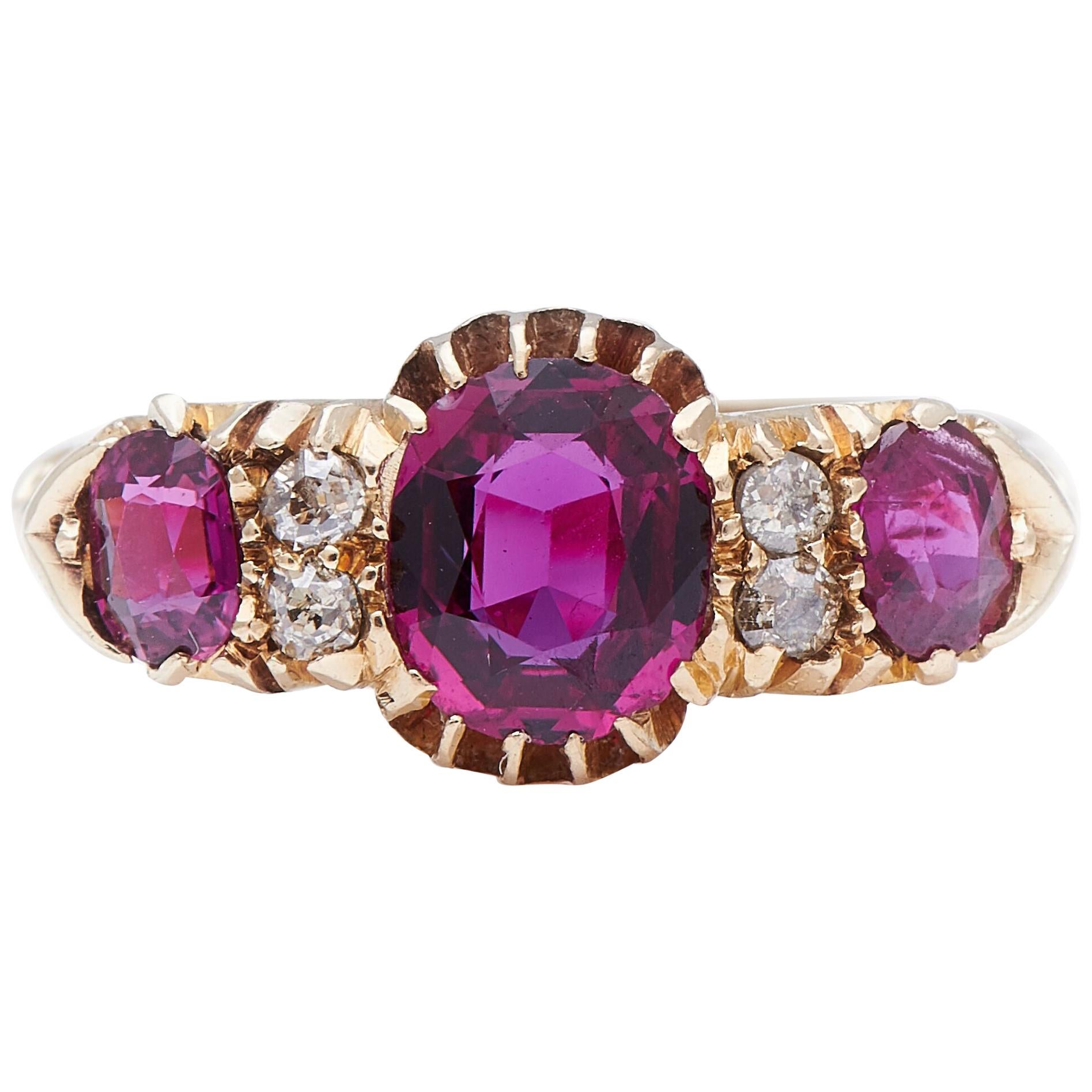 Antique Victorian, 18 Carat Gold, Natural Ruby and Diamond Half Hoop Ring