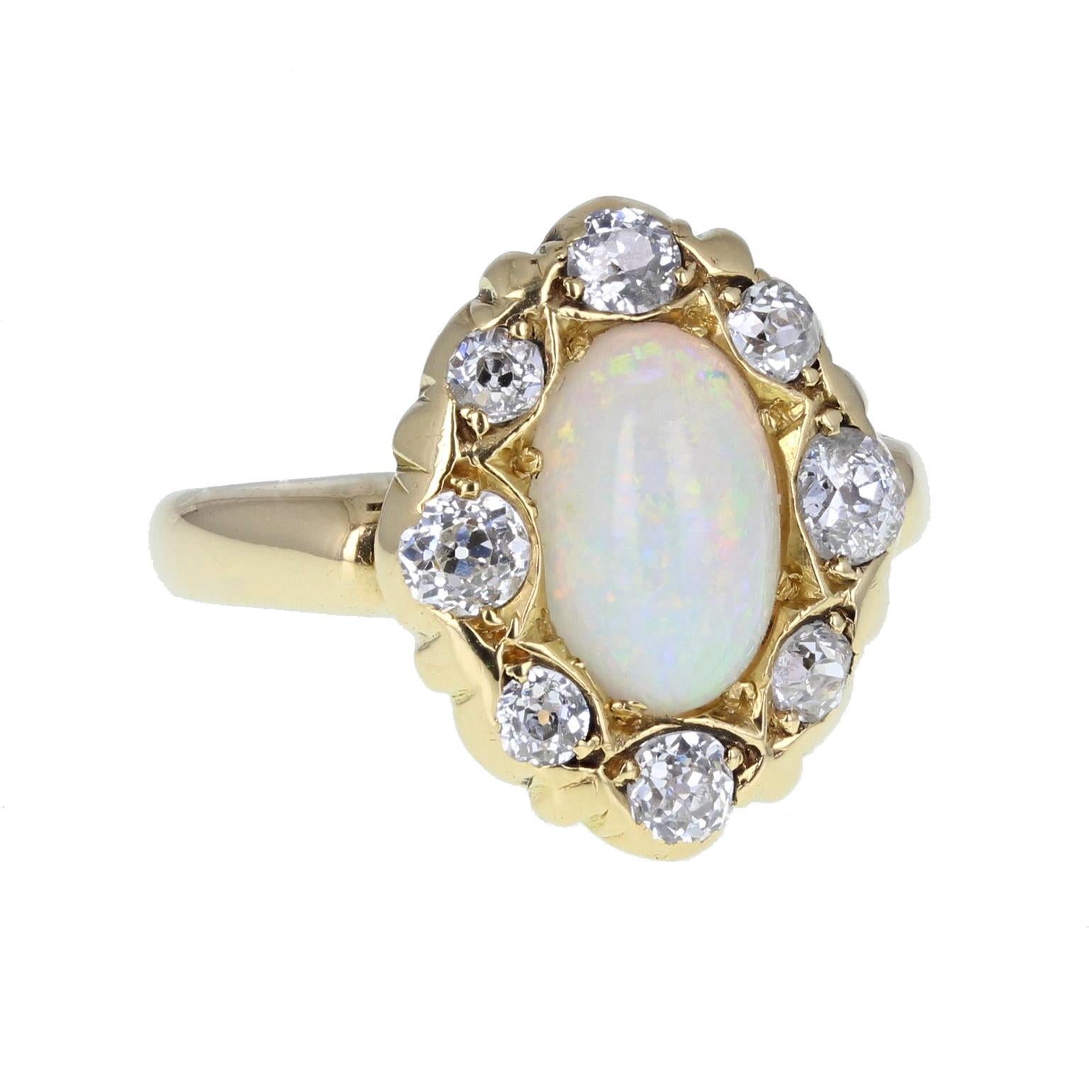 Late Victorian Antique Victorian 18 Carat Gold Opal Diamond Cluster Cocktail Dress Ring For Sale